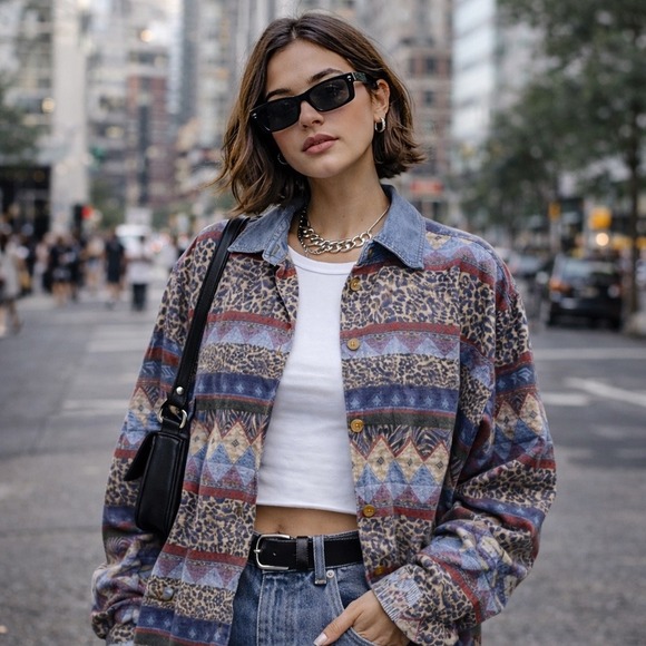 Capacity Tops - Vintage 90s Mixed Animal Print Geometric Shirt Denim Collar Indiecore XL